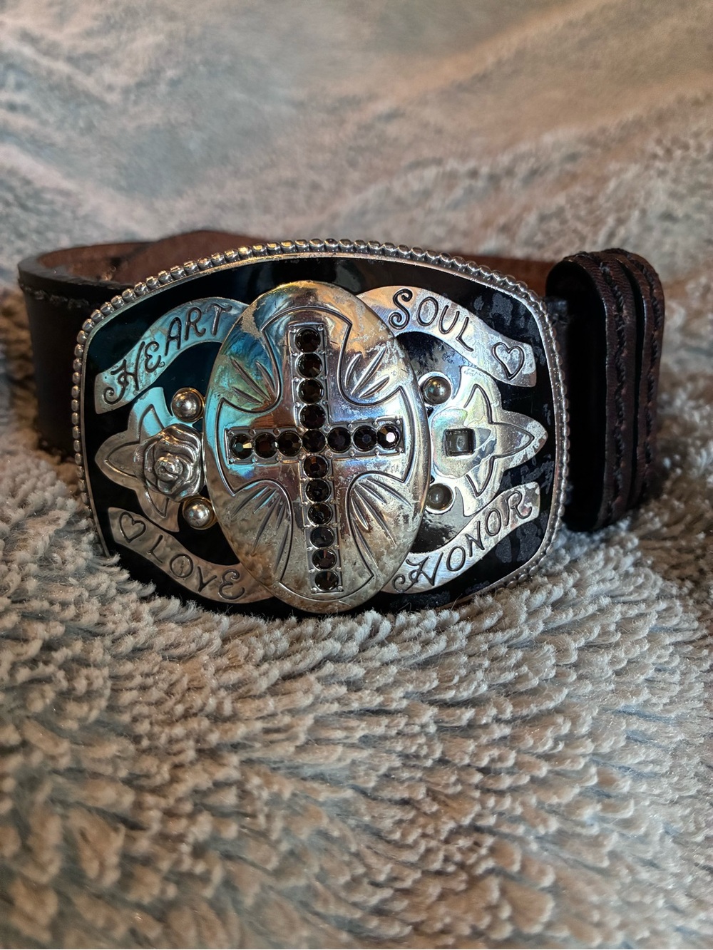 Brighton Dark Brown Leather Belt with Ornate Silver Cross Buckle